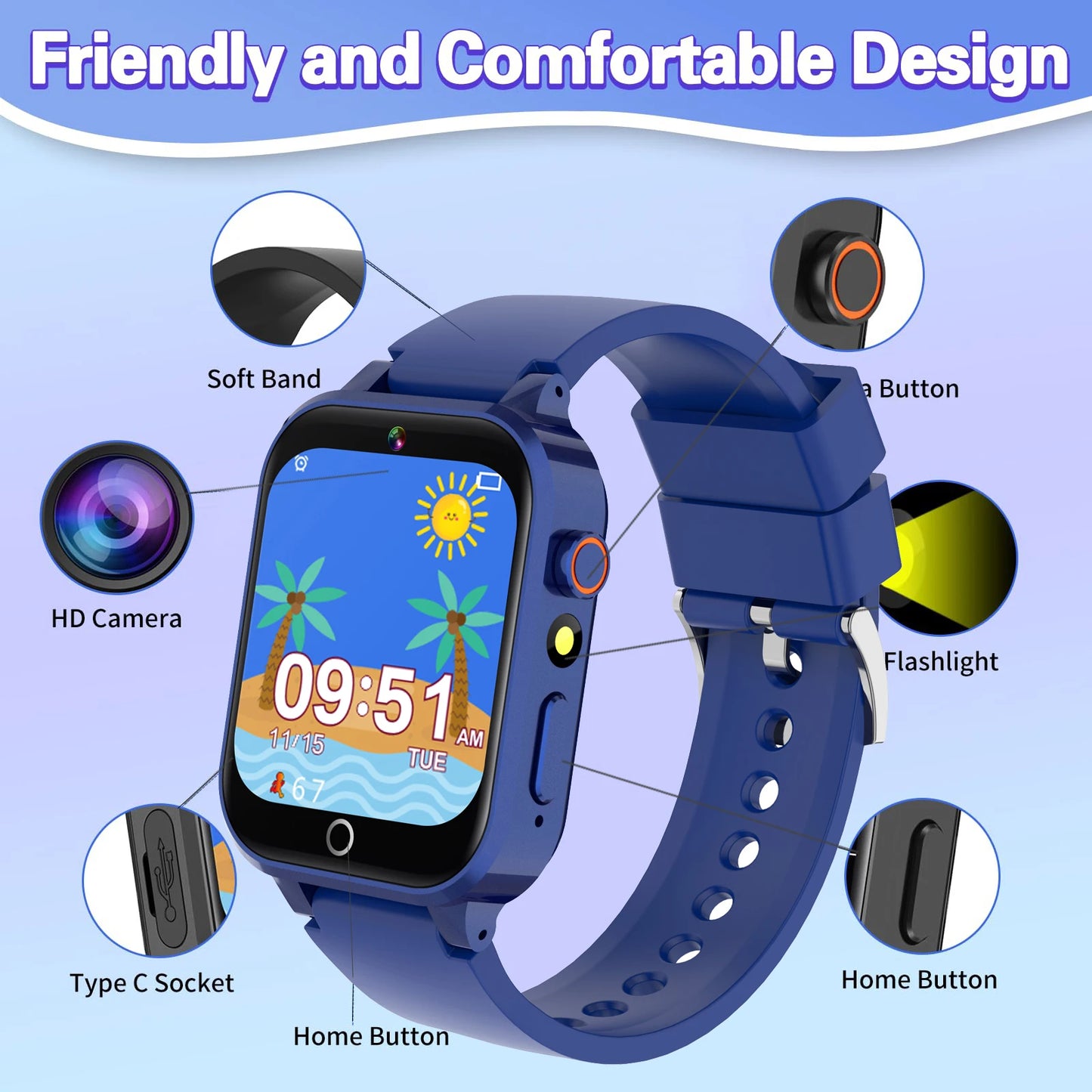Kids Smart Watch 26 Games Touch Screen Camera Pedometer Video Music MP3 Alarm Clock Audiobooks Habit Track Children Toys Gifts