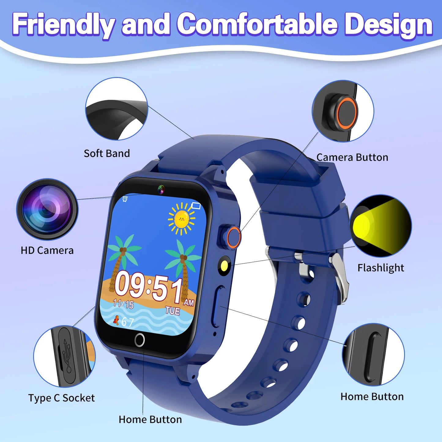 Kids Smart Watch 26 Games Touch Screen Camera Pedometer Video Music MP3 Alarm Clock Audiobooks Habit Track Children Toys Gifts